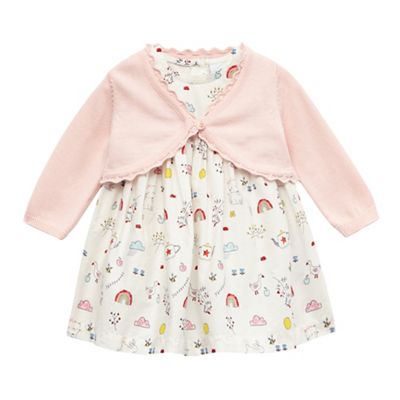 Baby girls' white and pink printed dress and cardigan set